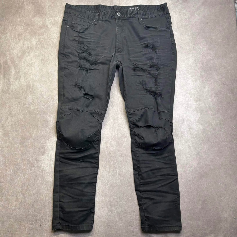 Smoke Rise Mens Black Moto Distressed Ripped Jeans 42x32 Slim Straight
